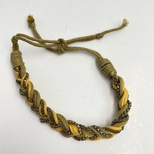 Vintage 90s Braided Cord Bracelet Metal Chain Boho Adjustable Fashion Jewelry